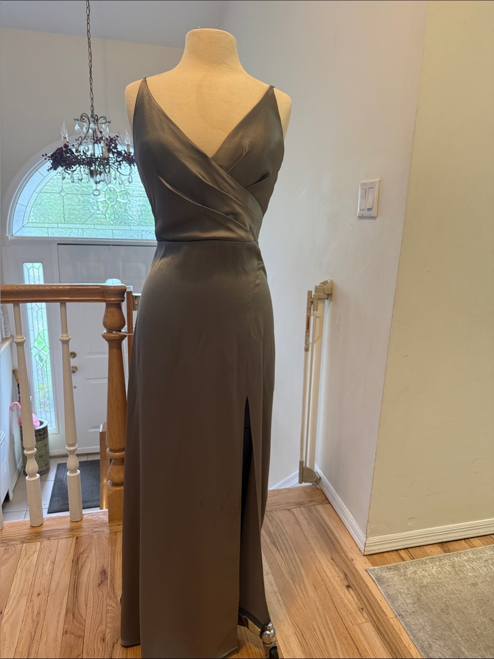 Satin Olive Green Maxi Slip Dress with Side Slit